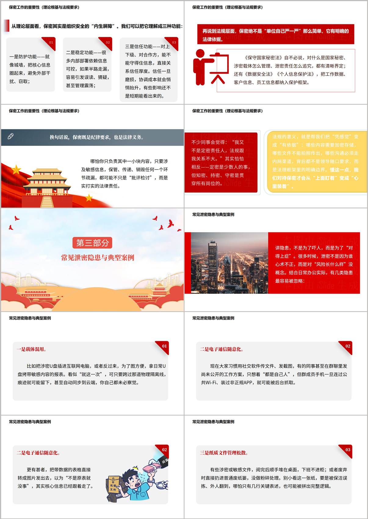 信息安全警示教育幻灯片内容:梳理载体混用电子通信随意化等四类高频泄密隐患与真实案例