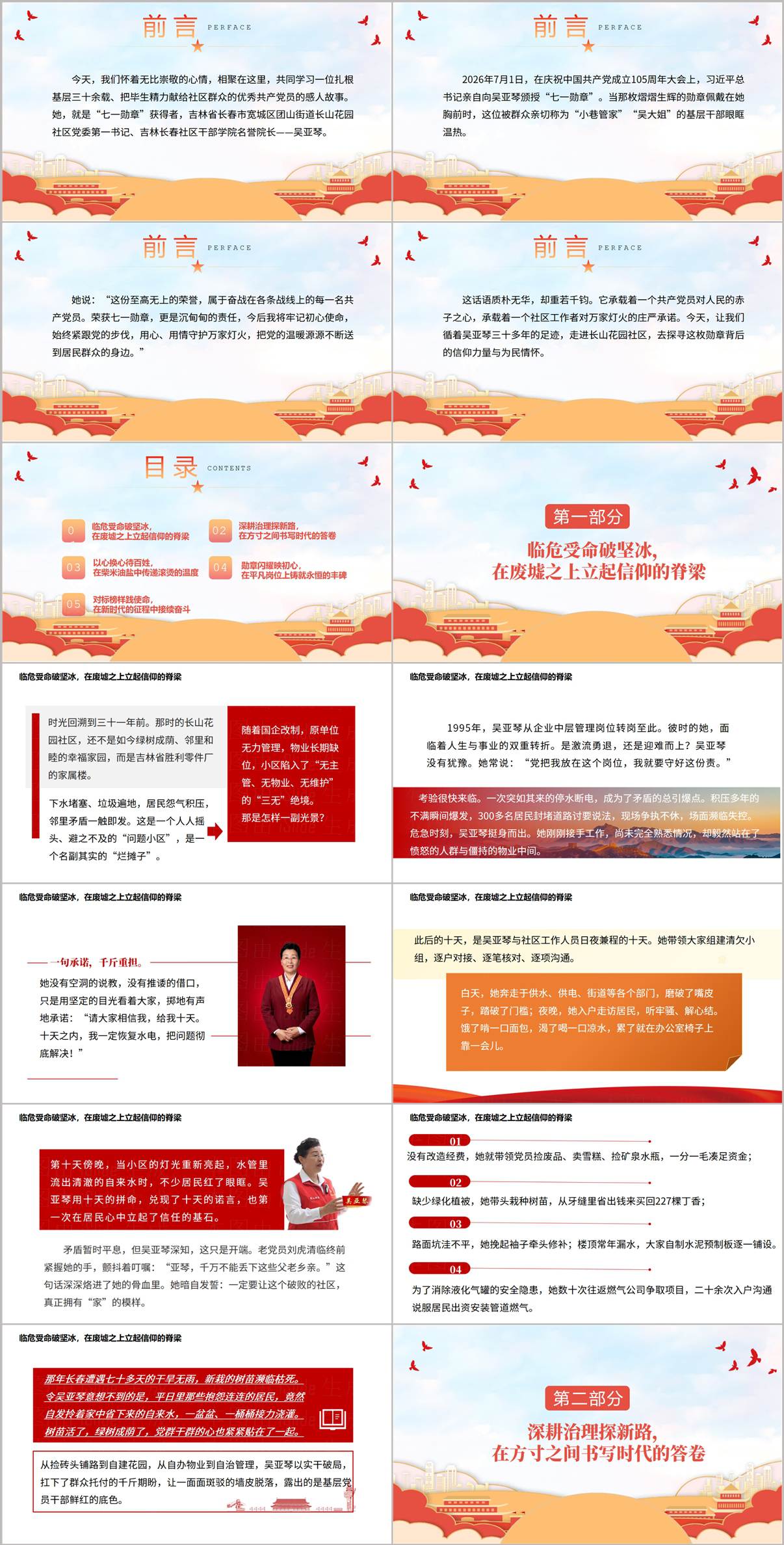吴亚琴先进事迹PPT内页预览，展示临危受命治理老旧社区与实干破局章节内容