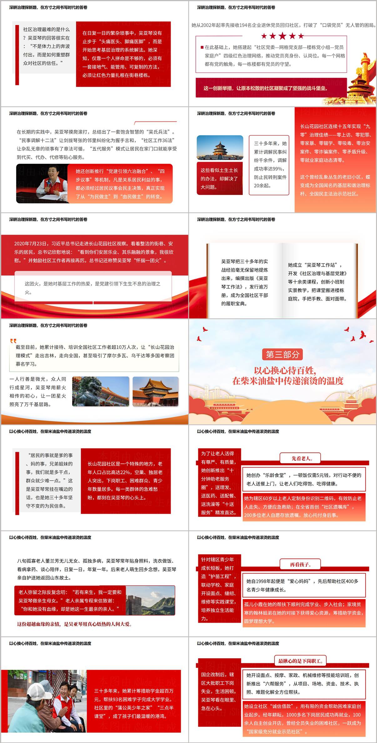 吴亚琴先进事迹PPT内页预览，展示治理创新六治融合与四级红色网络工作机制