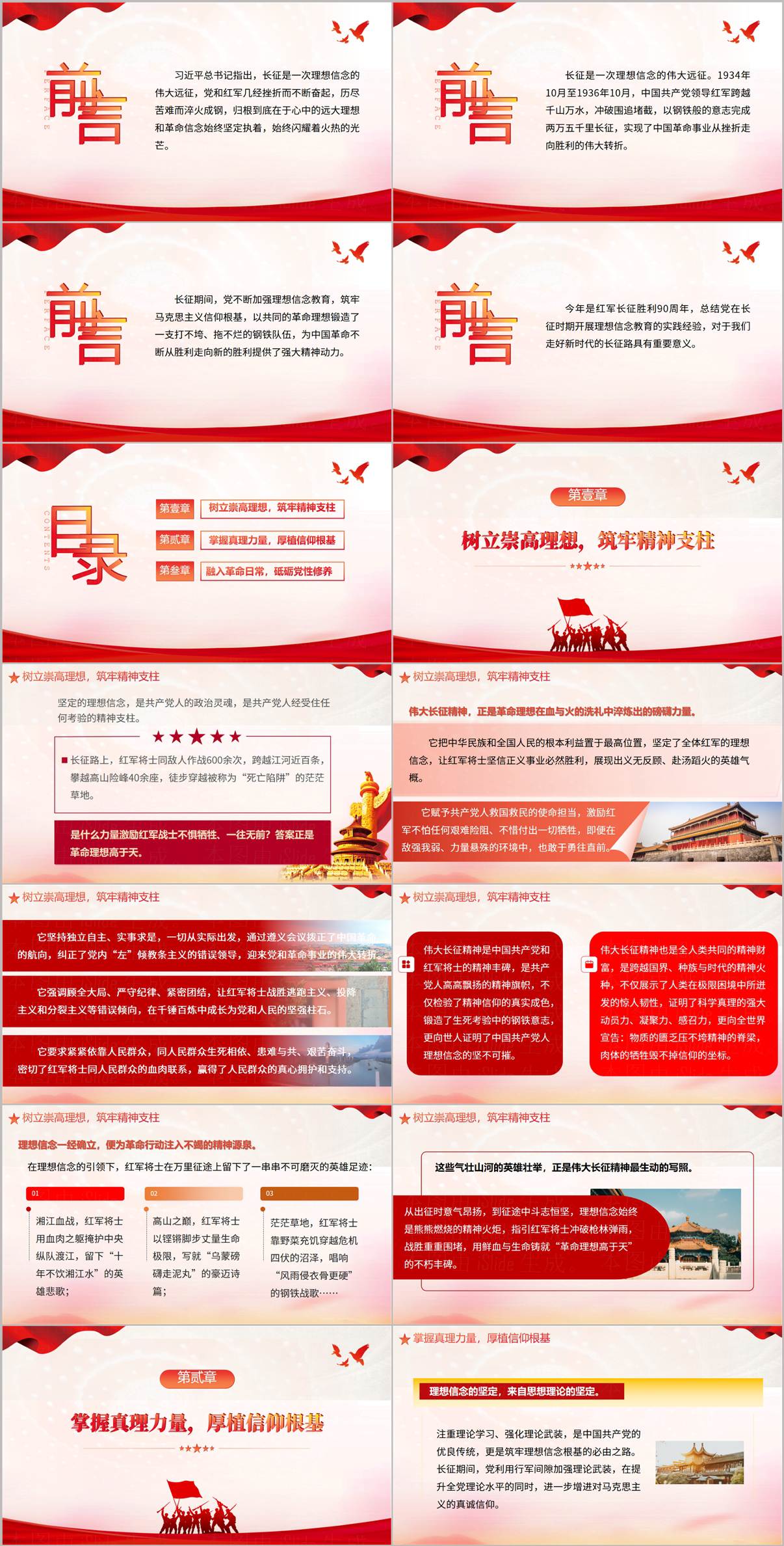 伟大长征精神PPT目录与第一章树立崇高理想筑牢精神支柱幻灯片预览